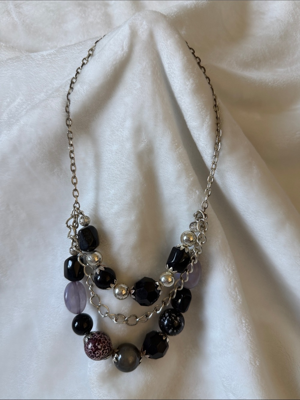 Multi-Strand Black and Purple Beaded Necklace